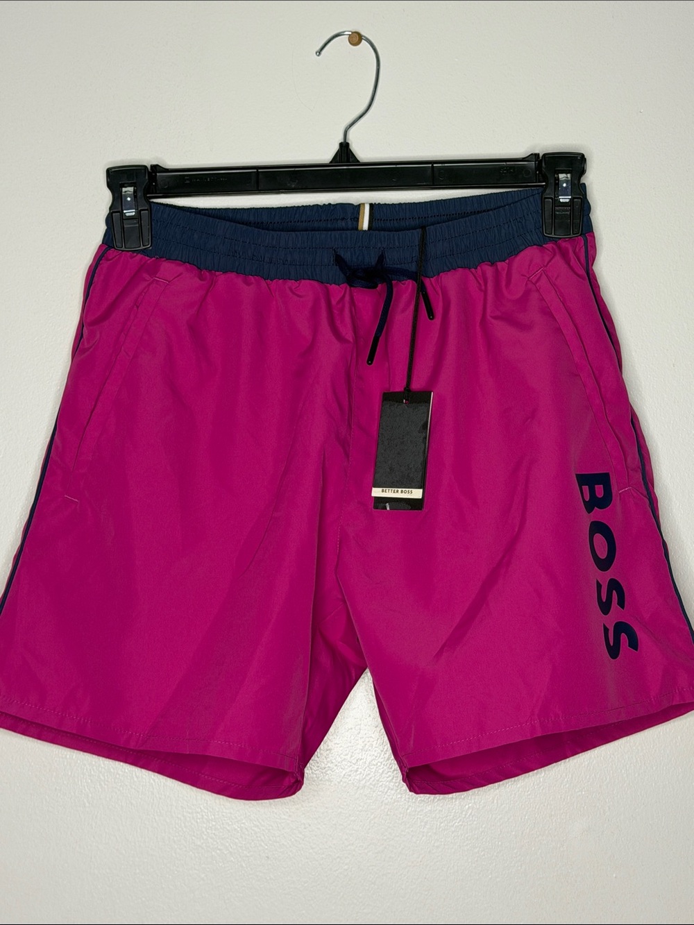 BOSS Women's Fuchsia Athletic Shorts with Navy Waistband